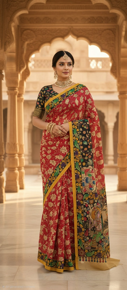 Divine Krishna Leela Handpainted Kalamkari Silk Saree