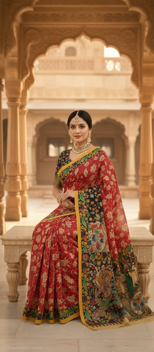 Divine Krishna Leela Handpainted Kalamkari Silk Saree