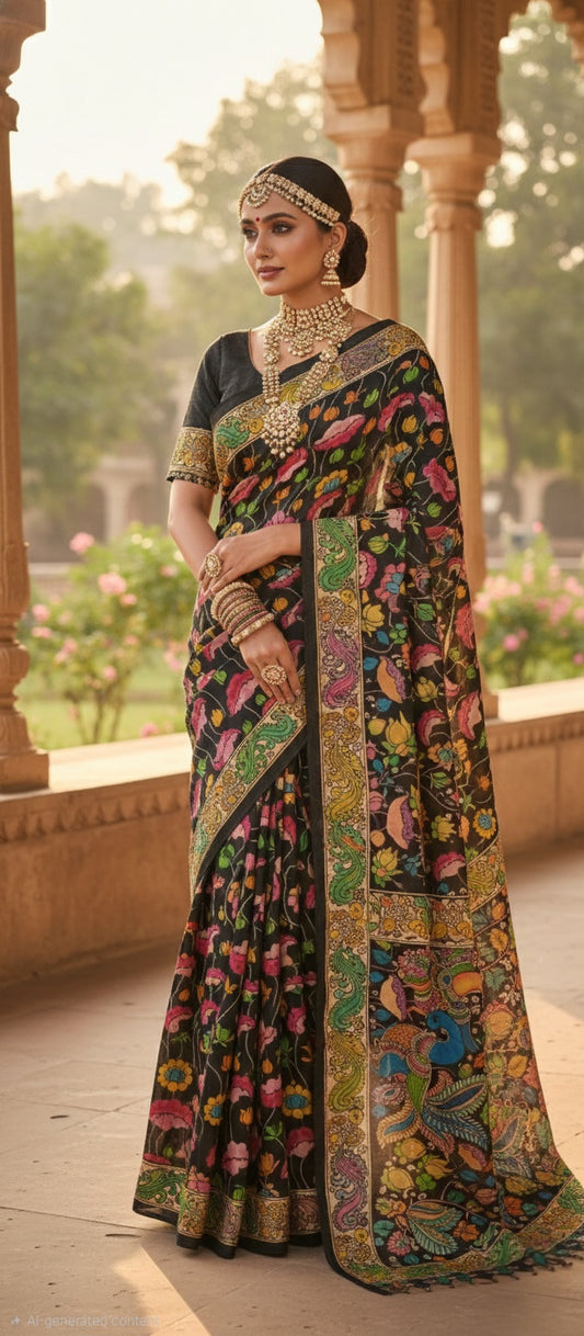 Multicoloured Handpainted Silk Saree