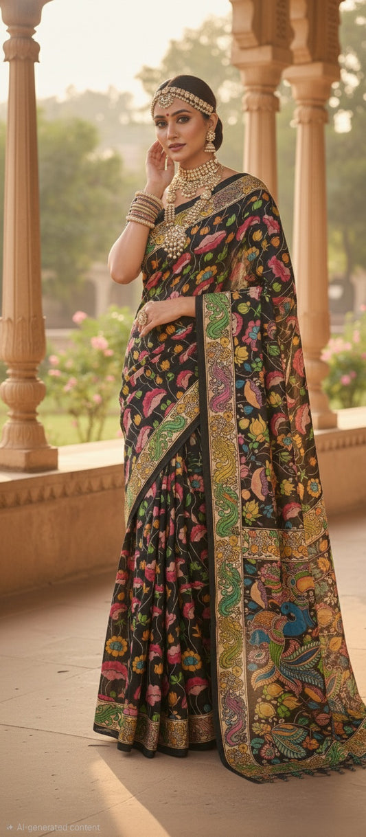 Multicoloured Handpainted Silk Saree