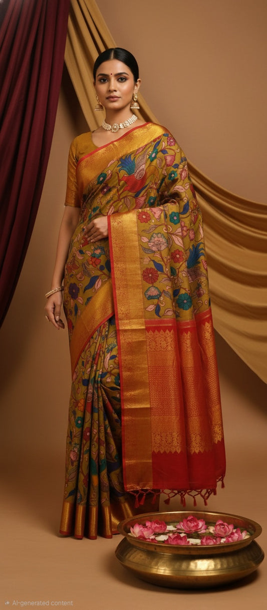 Mustard Silk Saree With Handpainted Floral Kalamkari Vines
