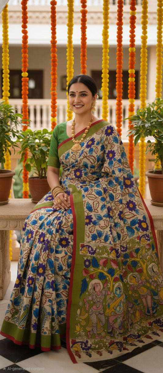 HandPainted Pen Kalamkari Cotton Saree With Krishna Leela Pallu
