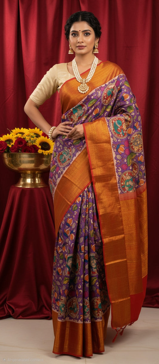 Kanchipuram Pattu Silk Saree With Handpainted Kalamkari Art