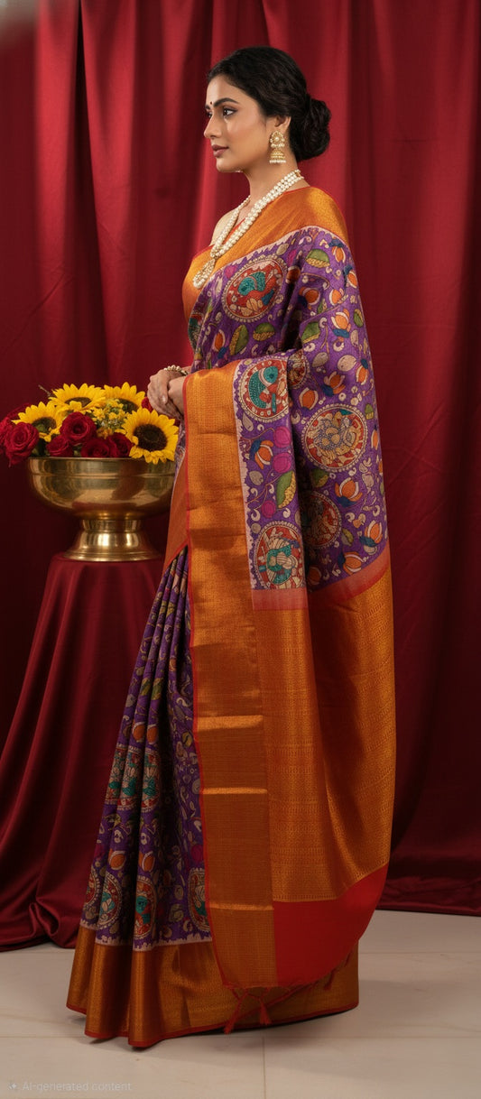 Kanchipuram Pattu Silk Saree With Handpainted Kalamkari Art