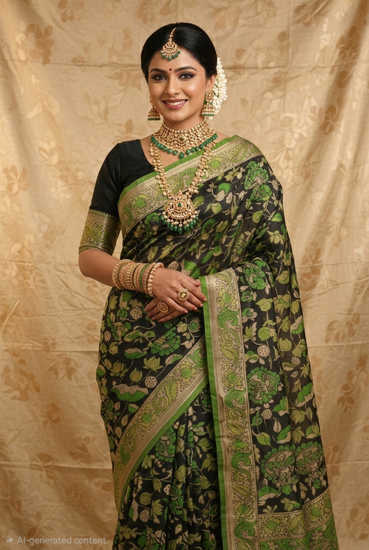Black& Green HandPainted Kalamkari Cotton Saree