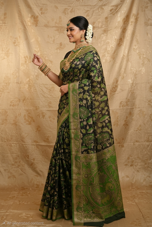 Black& Green HandPainted Kalamkari Cotton Saree