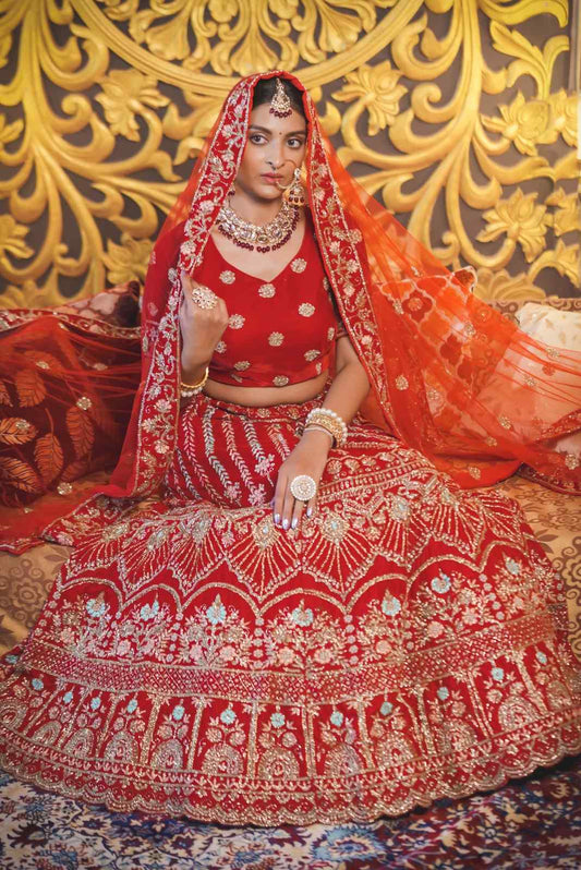 Vermilion Red Jhalar Embroidered Lehenga Set