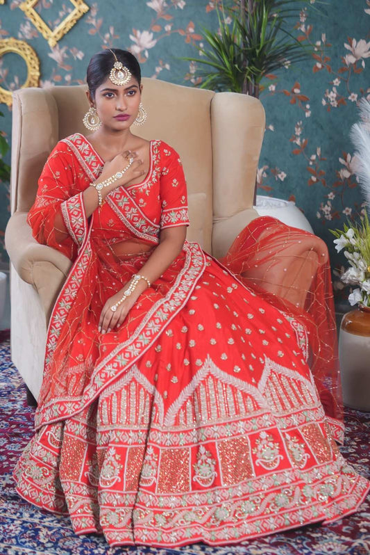 Red Orange Hand Embroidered Lehenga set