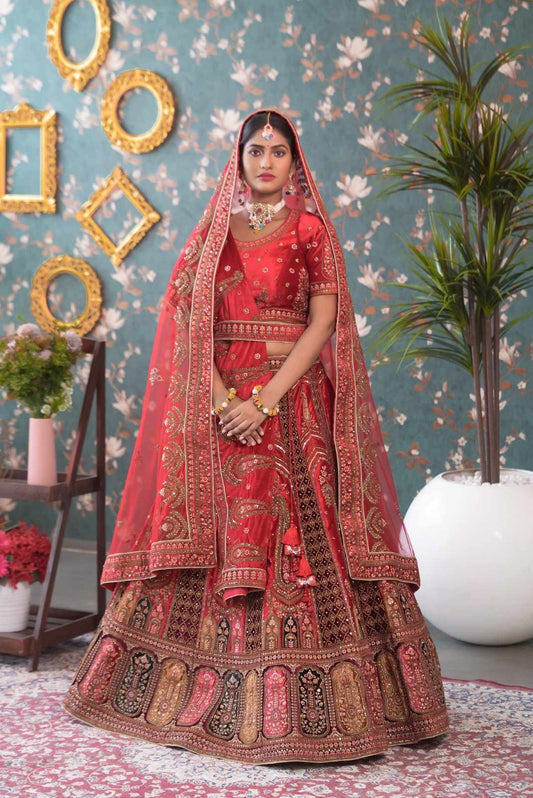 Blood Red Double Dupatta Lehenga Set With Belt