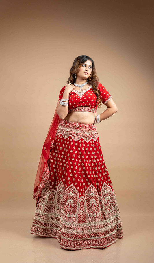 Cherry Red Temple Embroidered Lehenga