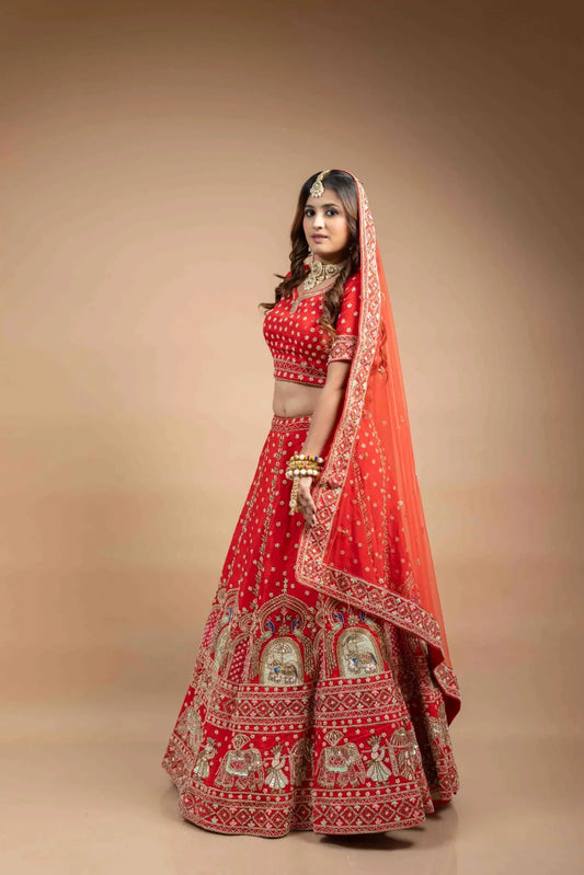 Red Orange Jharokha Embroidered Lehenga Set