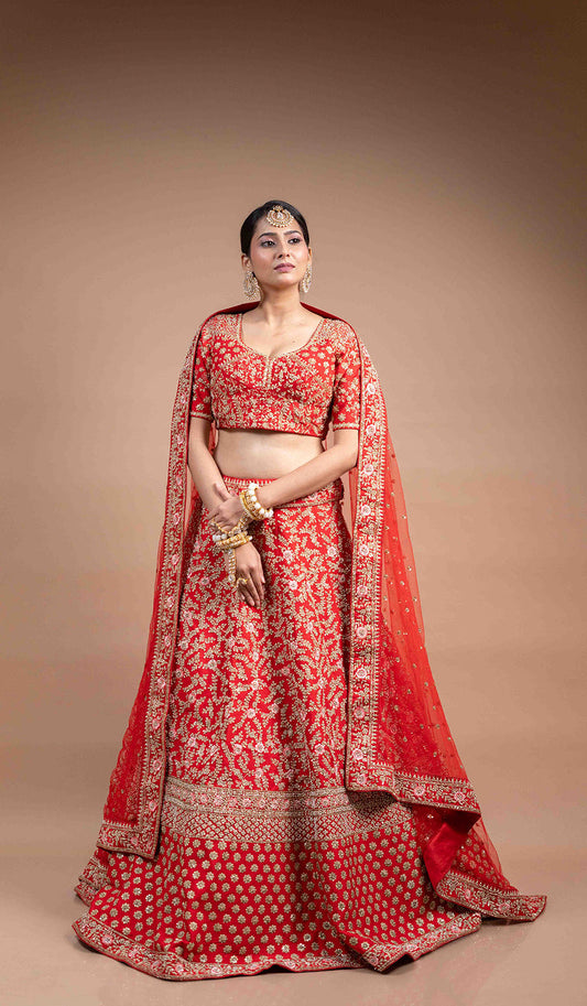Scarlet Red Jaal Work Lehenga