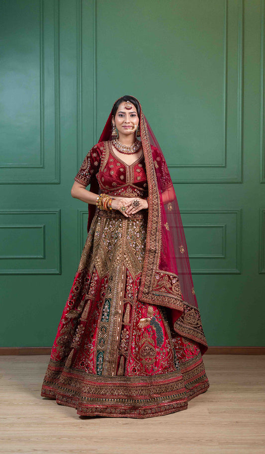 Peacock Embroidered Double Dupatta Marwad Lehenga