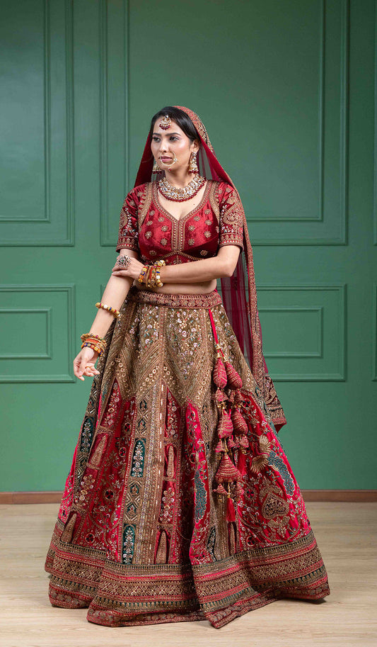 Peacock Embroidered Double Dupatta Marwad Lehenga