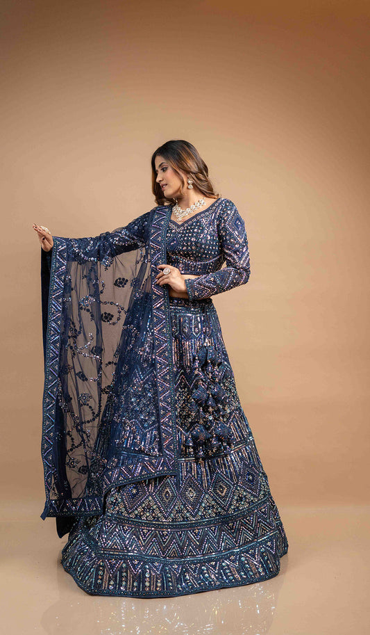 Sapphire Blue Heavy Embroidered Lehenga With Belt