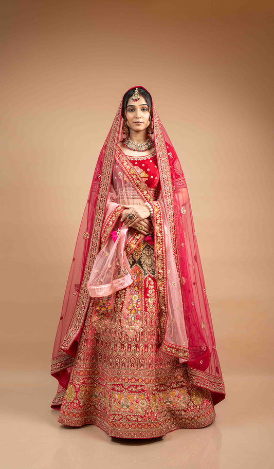 Fuchsia Pink Double Dupatta Marwad Lehenga