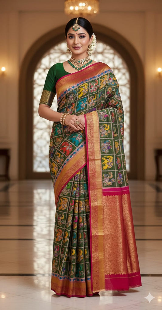 Bottle green Handpainted Silk Saree With Rani Pink Zari Border
