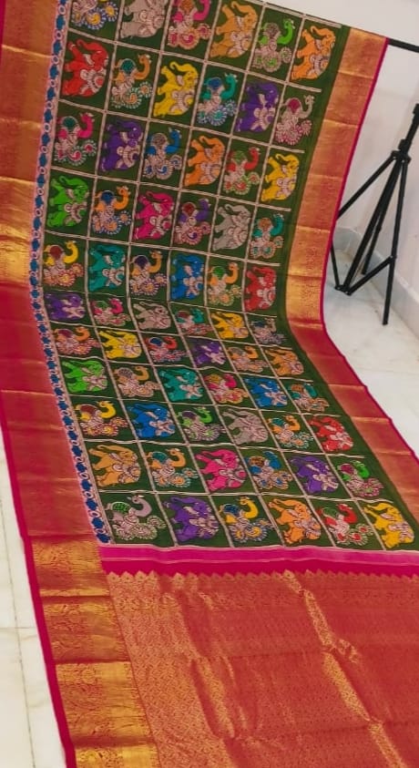 Bottle green Handpainted Silk Saree With Rani Pink Zari Border