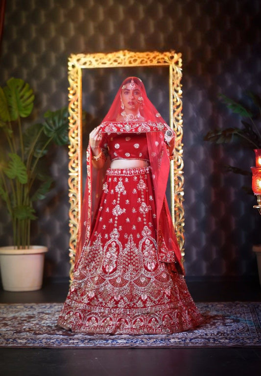 Vermilion Red Katdana Embroidered Lehenga