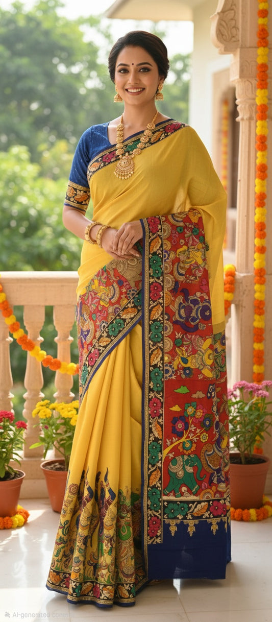 Mustard Yellow Handpainted Kalamkari Saree With Gopi Krishna Art