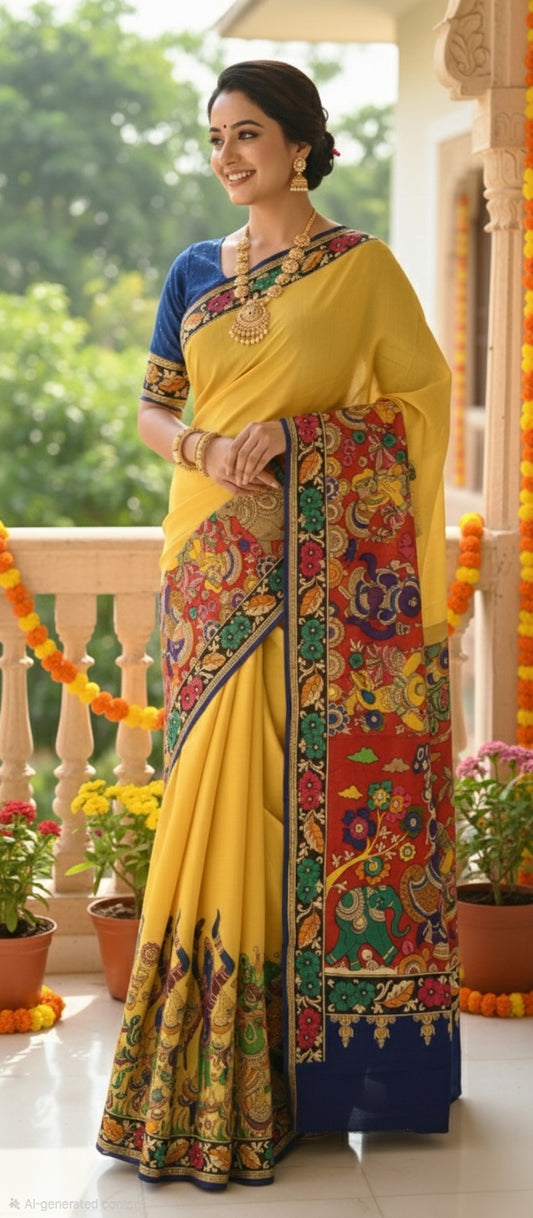 Mustard Yellow Handpainted Kalamkari Saree With Gopi Krishna Art