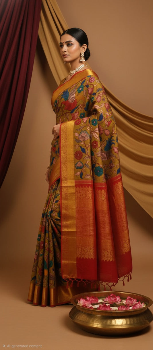 Mustard Silk Saree With Handpainted Floral Kalamkari Vines