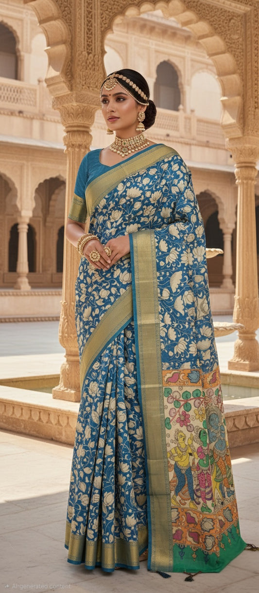 Blue Handpainted Kalamkari Silk Saree With Gopi Krishna Theme