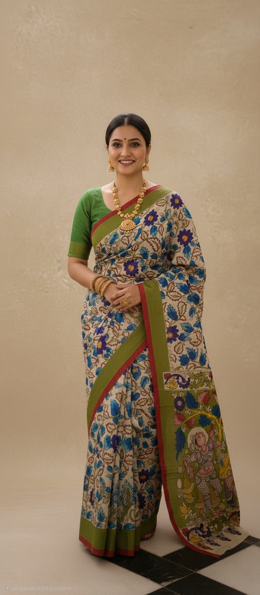 HandPainted Pen Kalamkari Cotton Saree With Krishna Leela Pallu