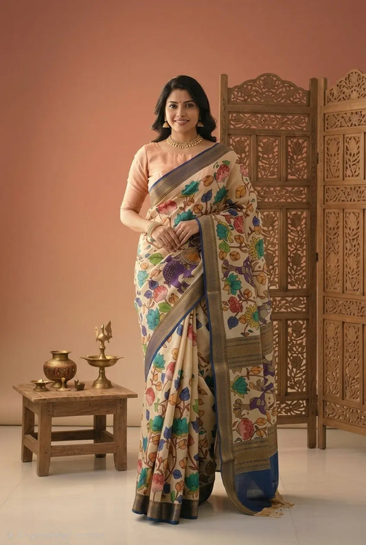 Cream Kalamkari Handpainted Silk Saree