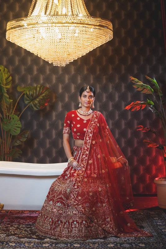 Vermilion Red Jhalar Embroidered Lehenga Set