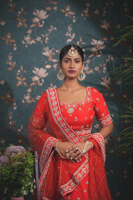 Red Orange Hand Embroidered Lehenga set