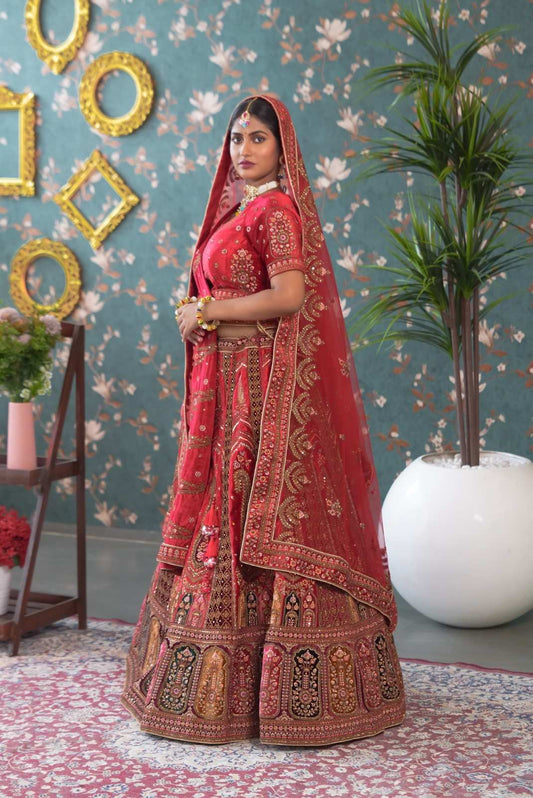 Blood Red Double Dupatta Lehenga Set With Belt