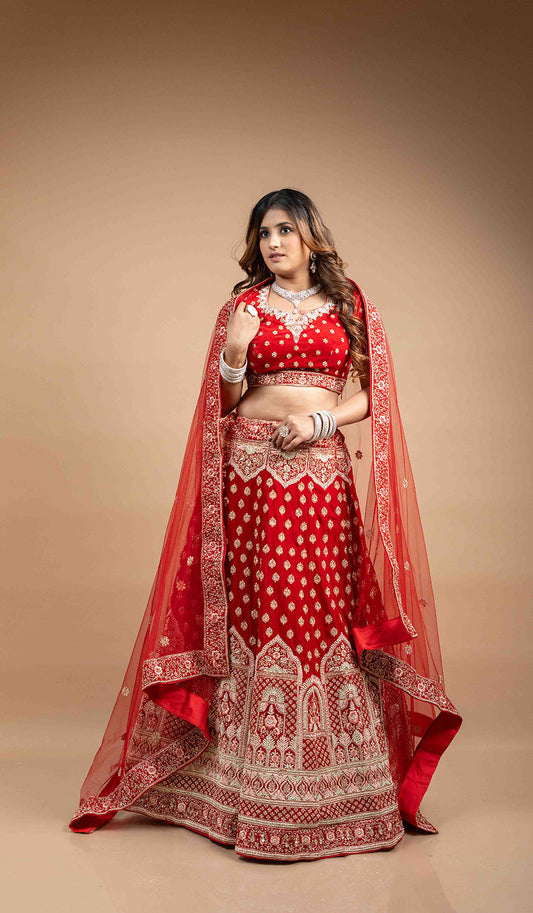 Cherry Red Temple Embroidered Lehenga
