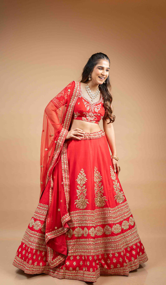Red Zardozi Handwork Lehenga Set