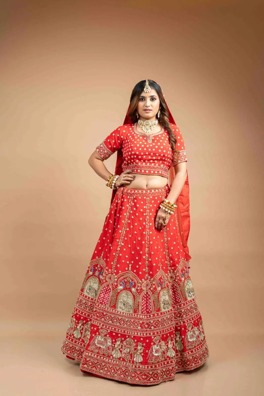 Red Orange Jharokha Embroidered Lehenga Set