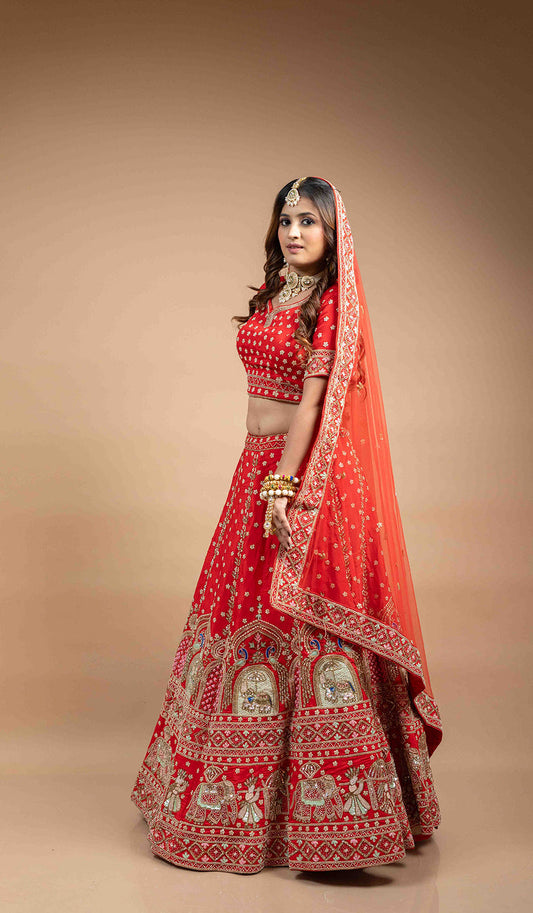 Red Jharokha Embroidered Lehenga