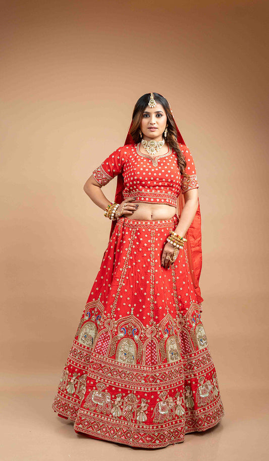 Red Jharokha Embroidered Lehenga