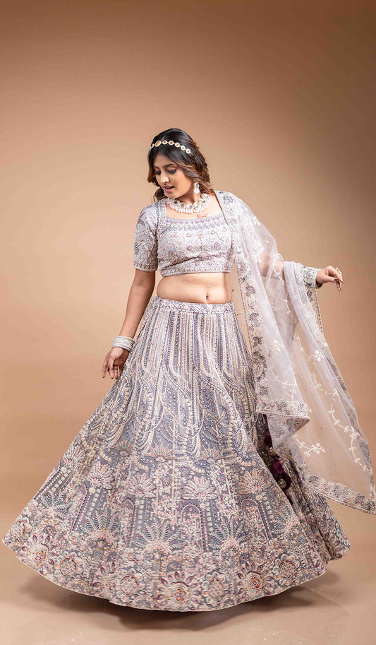 Grey Machine Embroidered Lehenga With Belt
