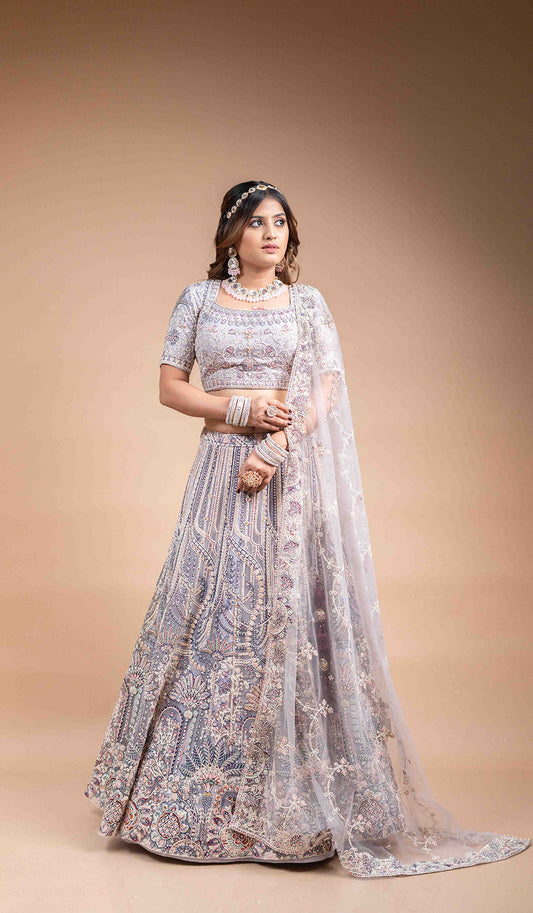 Grey Machine Embroidered Lehenga With Belt
