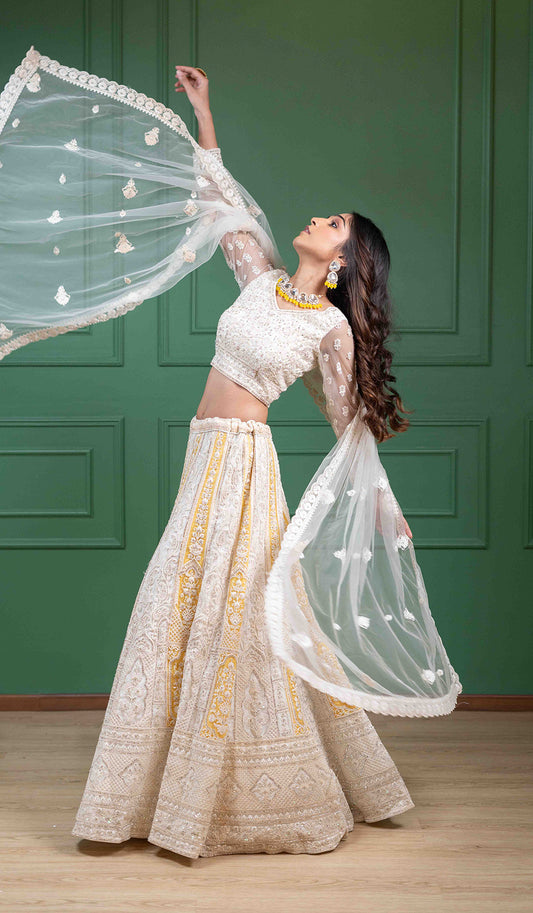 Yellow White Lehenga Set