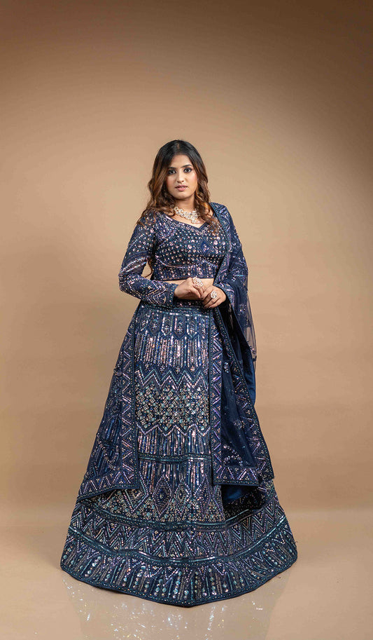 Sapphire Blue Heavy Embroidered Lehenga With Belt