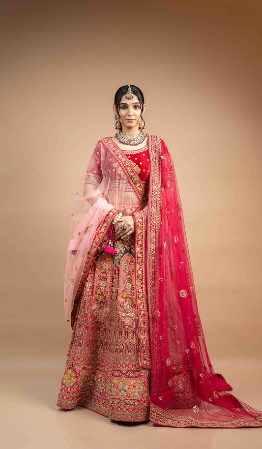Fuchsia Pink Double Dupatta Marwad Lehenga