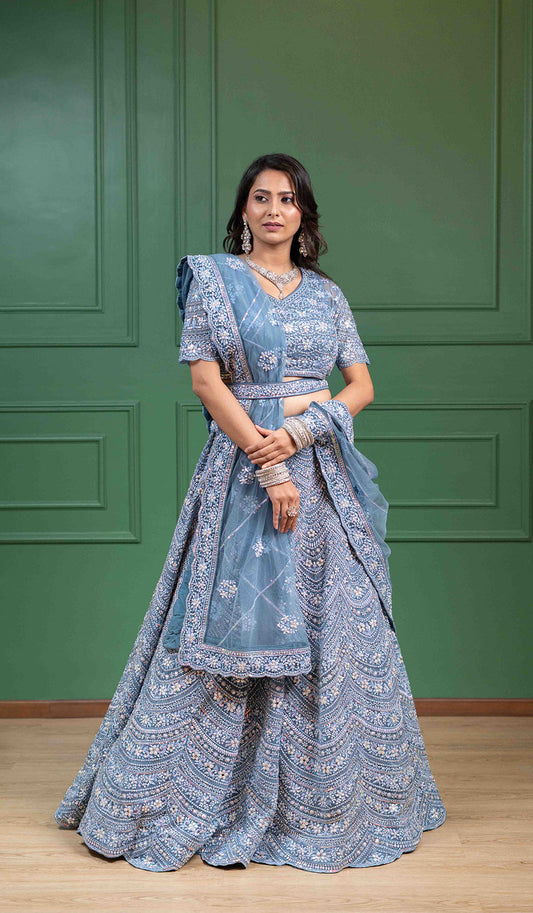 Duck Egg Embroidered Blue Lehenga With Belt