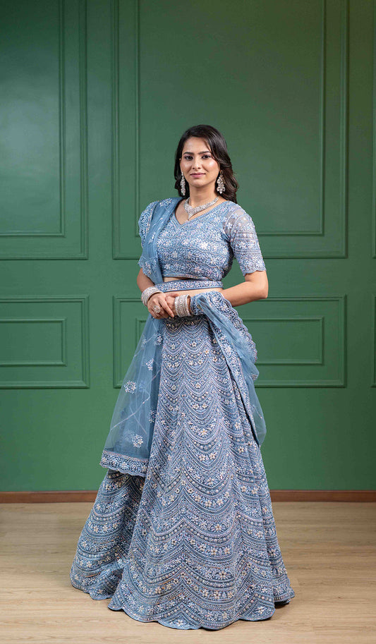 Duck Egg Embroidered Blue Lehenga With Belt