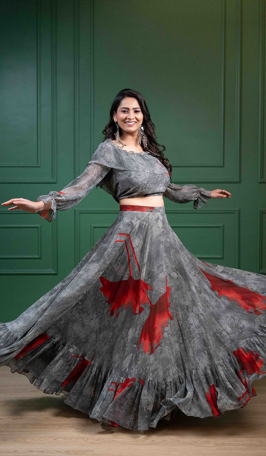 Off Shoulder Grey Skirt & Top Coord Set