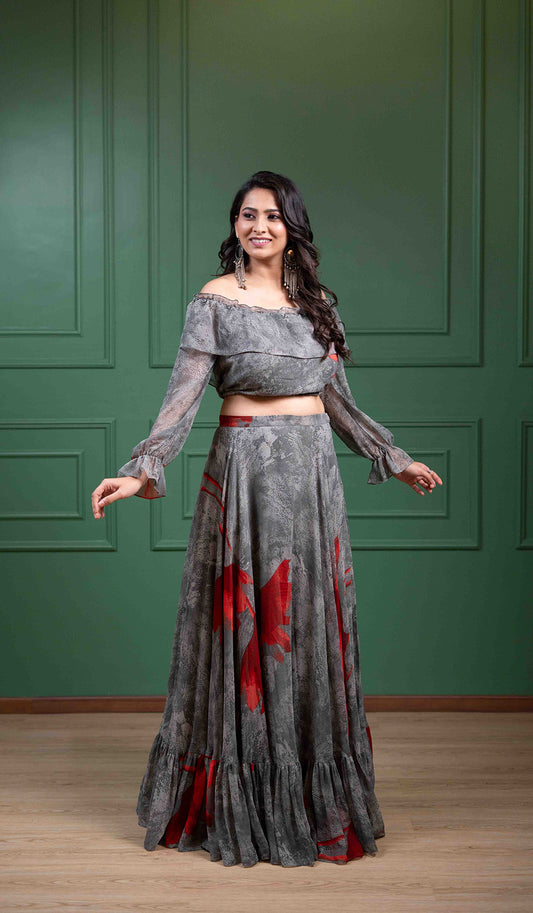 Off Shoulder Grey Skirt & Top Coord Set