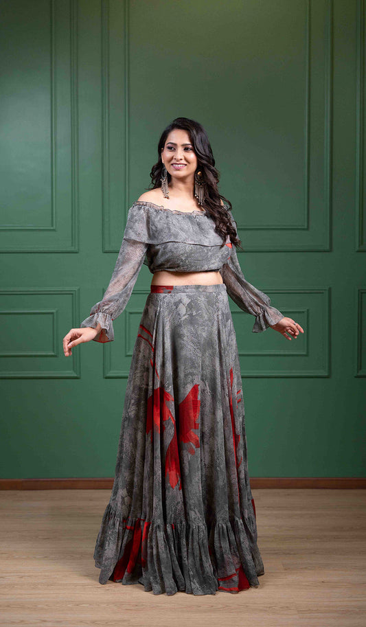 Off Shoulder Grey Skirt & Top Coord
