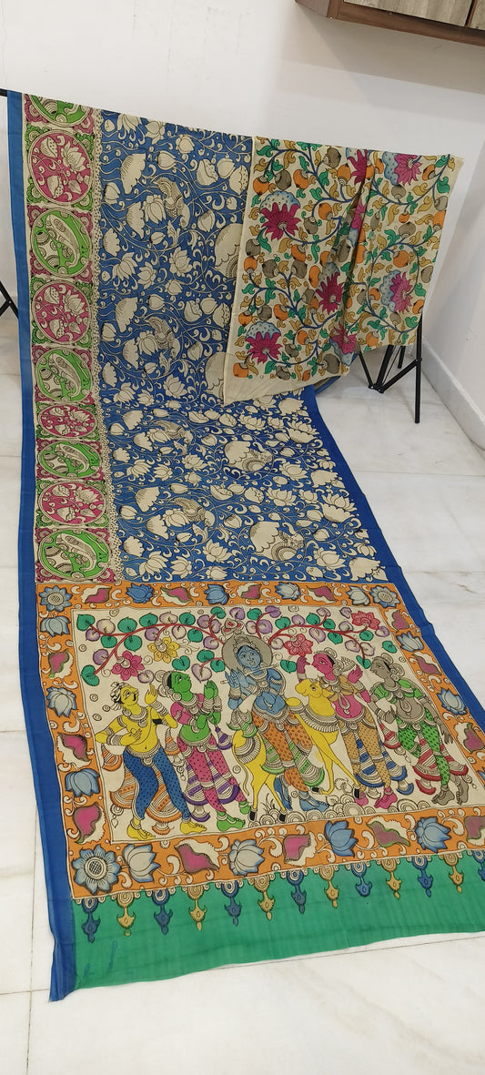 Blue Handpainted Kalamkari Silk Saree With Gopi Krishna Theme