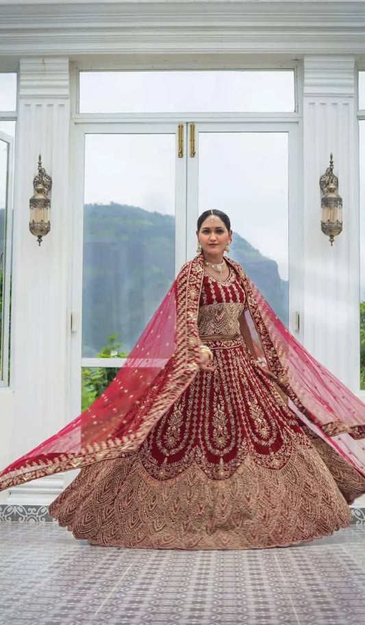 Dark Maroon Heavy Katdana Embroidered Lehenga Set