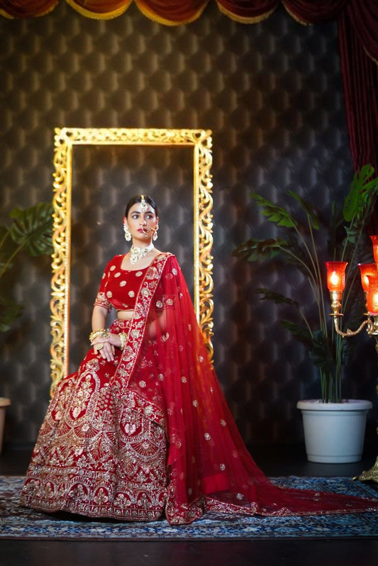 Vermilion Red Katdana Embroidered Lehenga